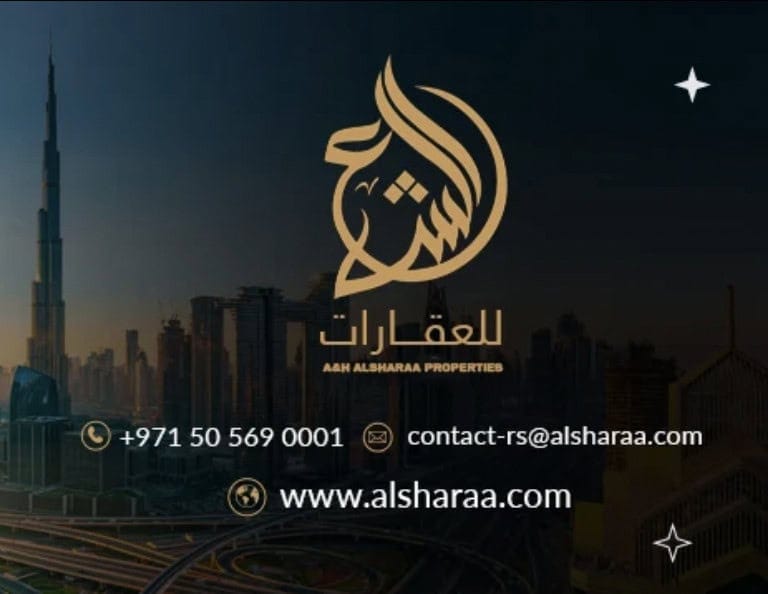 Modern Dubai skyline with Alsharaa Properties logo and contact information.