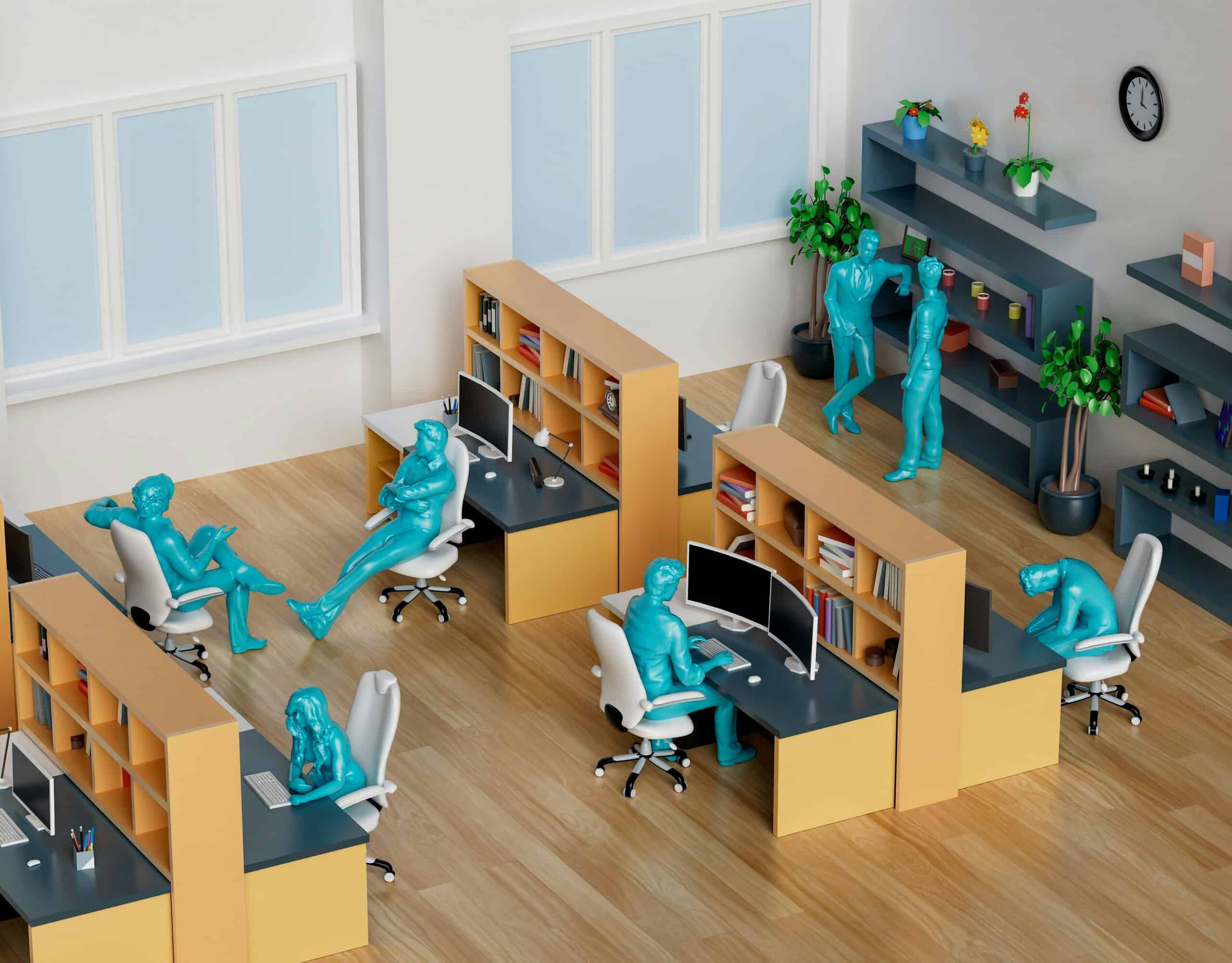 Blue human figures collaborating in modern office workplace, teamwork, innovation, technology, digital workspace, 3D illustration.